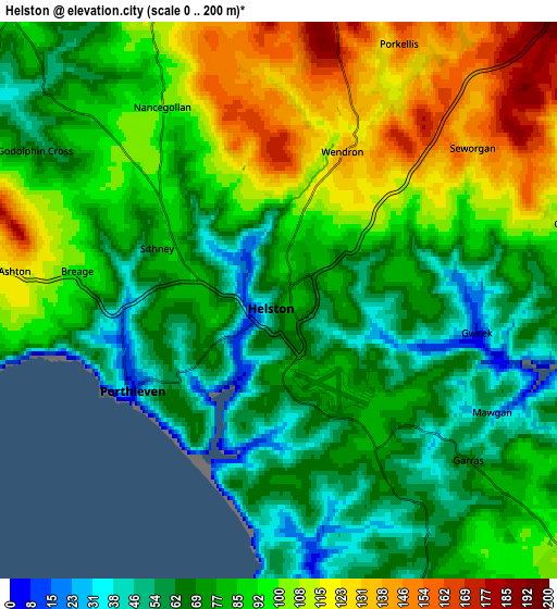 Zoom OUT 2x Helston, United Kingdom elevation map