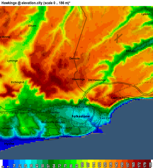 Zoom OUT 2x Hawkinge, United Kingdom elevation map