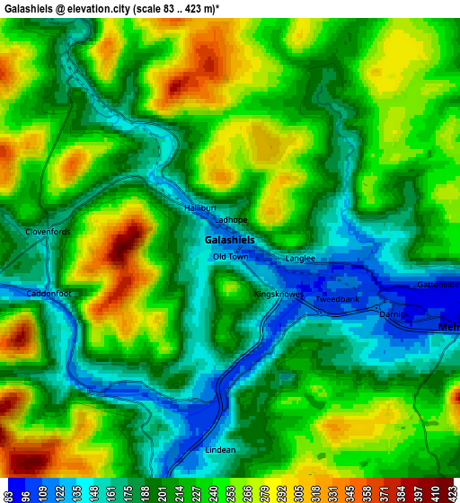 Zoom OUT 2x Galashiels, United Kingdom elevation map