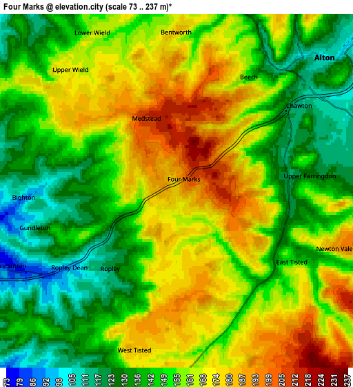 Zoom OUT 2x Four Marks, United Kingdom elevation map