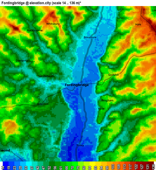 Zoom OUT 2x Fordingbridge, United Kingdom elevation map