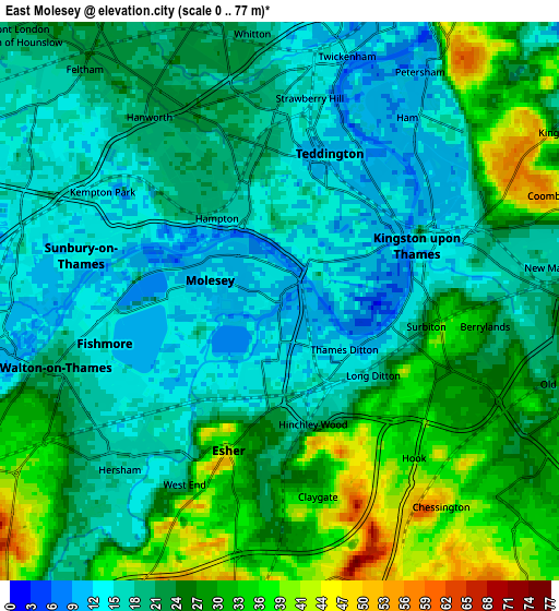 Zoom OUT 2x East Molesey, United Kingdom elevation map