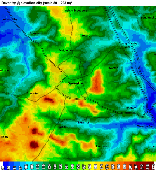 Zoom OUT 2x Daventry, United Kingdom elevation map