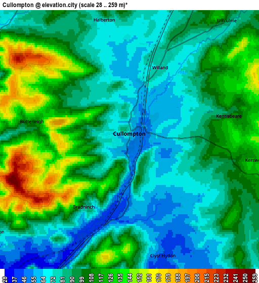 Zoom OUT 2x Cullompton, United Kingdom elevation map