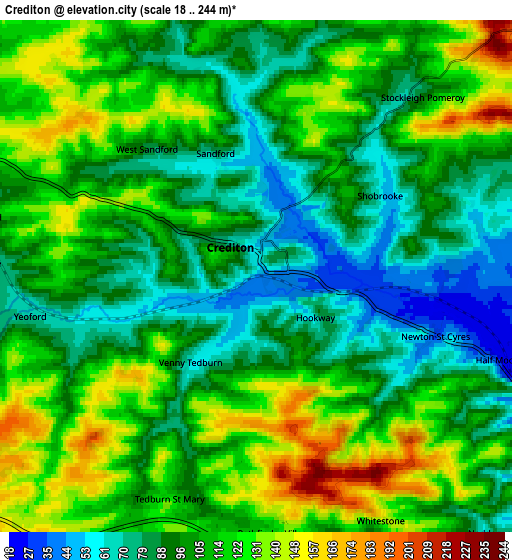 Zoom OUT 2x Crediton, United Kingdom elevation map