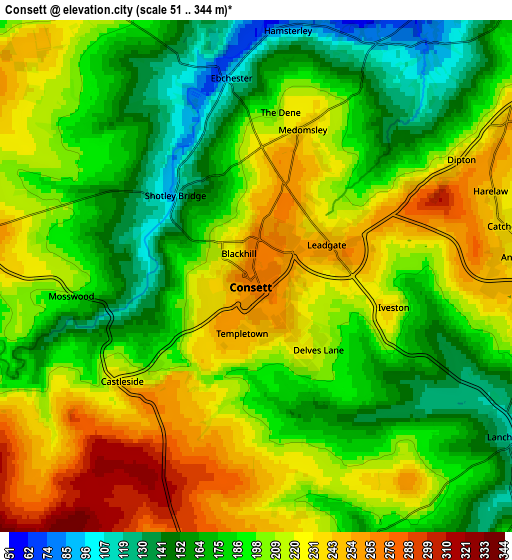 Zoom OUT 2x Consett, United Kingdom elevation map