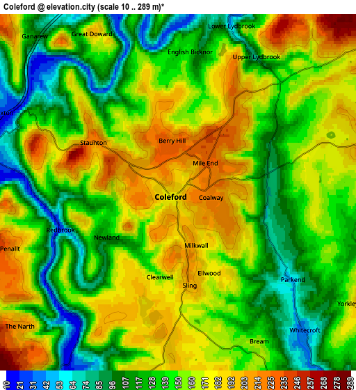 Zoom OUT 2x Coleford, United Kingdom elevation map