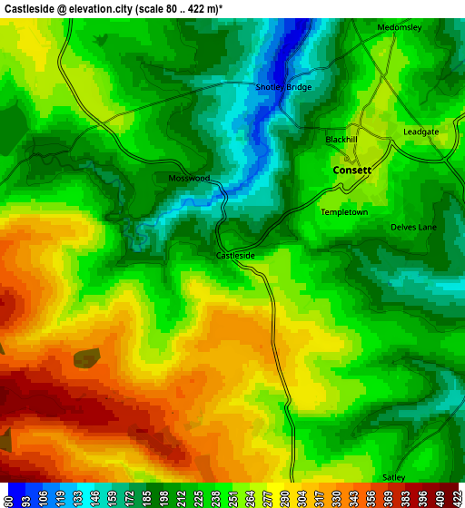 Zoom OUT 2x Castleside, United Kingdom elevation map