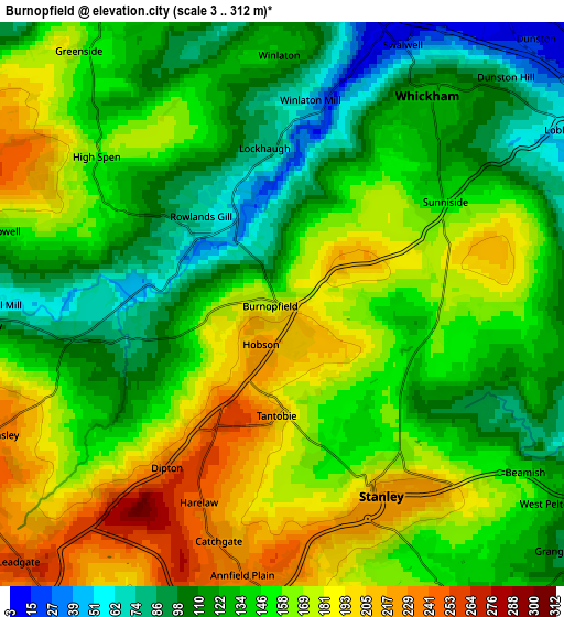 Zoom OUT 2x Burnopfield, United Kingdom elevation map