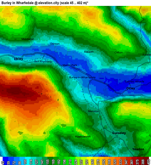 Zoom OUT 2x Burley in Wharfedale, United Kingdom elevation map