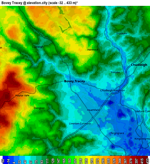 Zoom OUT 2x Bovey Tracey, United Kingdom elevation map