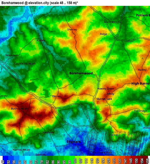 Zoom OUT 2x Borehamwood, United Kingdom elevation map