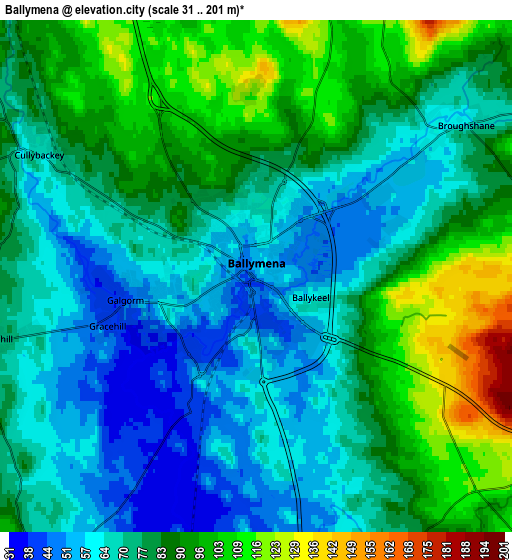 Zoom OUT 2x Ballymena, United Kingdom elevation map