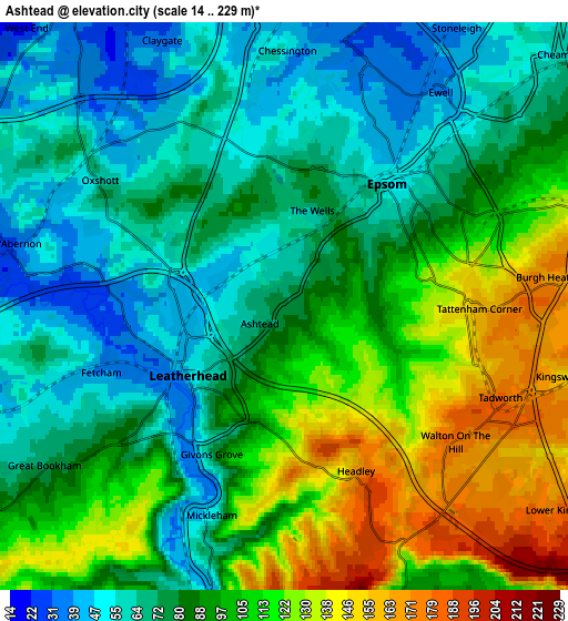 Zoom OUT 2x Ashtead, United Kingdom elevation map