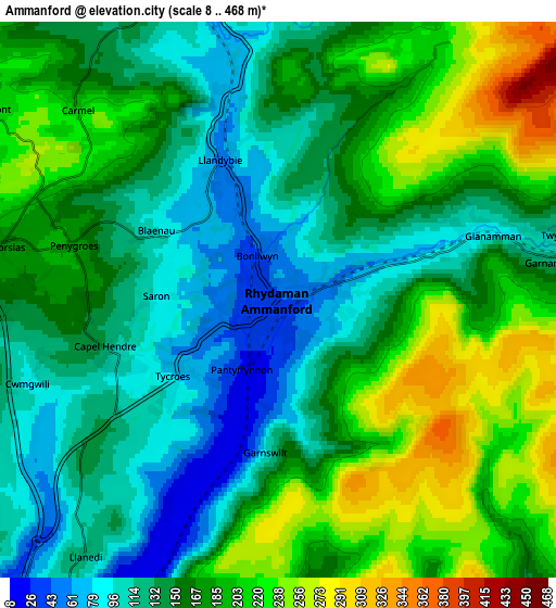 Zoom OUT 2x Ammanford, United Kingdom elevation map