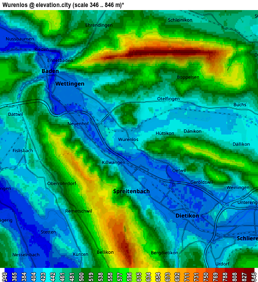 Zoom OUT 2x Würenlos, Switzerland elevation map