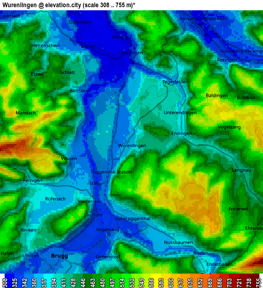 Zoom OUT 2x Würenlingen, Switzerland elevation map