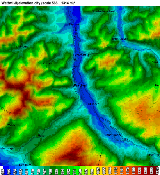 Zoom OUT 2x Wattwil, Switzerland elevation map