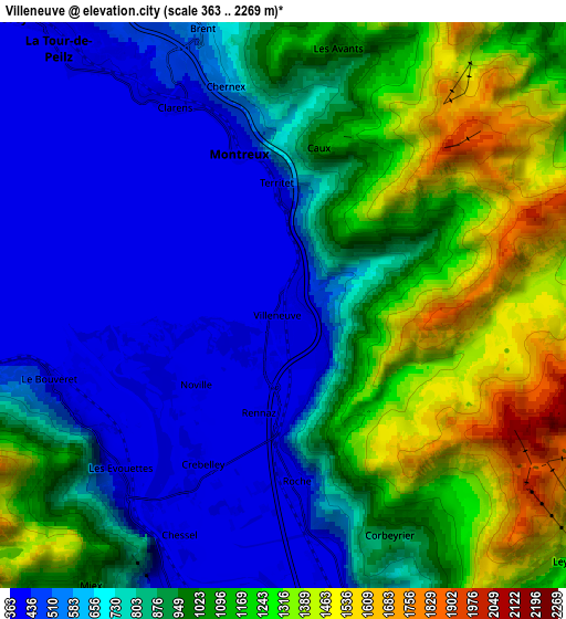 Zoom OUT 2x Villeneuve, Switzerland elevation map