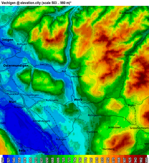 Zoom OUT 2x Vechigen, Switzerland elevation map