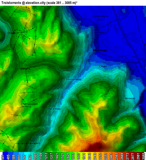 Zoom OUT 2x Troistorrents, Switzerland elevation map