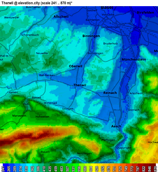 Zoom OUT 2x Therwil, Switzerland elevation map