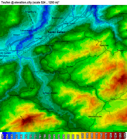 Zoom OUT 2x Teufen, Switzerland elevation map