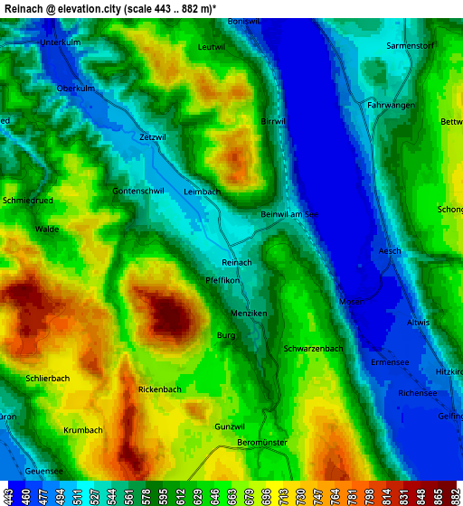 Zoom OUT 2x Reinach, Switzerland elevation map