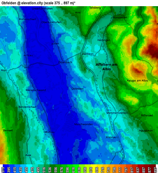 Zoom OUT 2x Obfelden, Switzerland elevation map