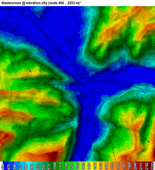 Zoom OUT 2x Niederurnen, Switzerland elevation map