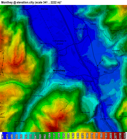 Zoom OUT 2x Monthey, Switzerland elevation map