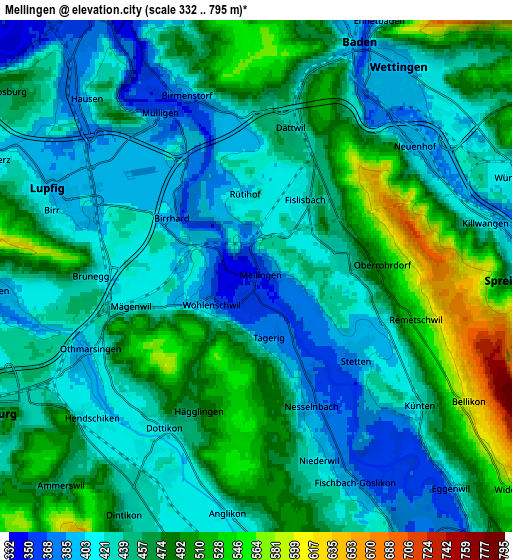 Zoom OUT 2x Mellingen, Switzerland elevation map