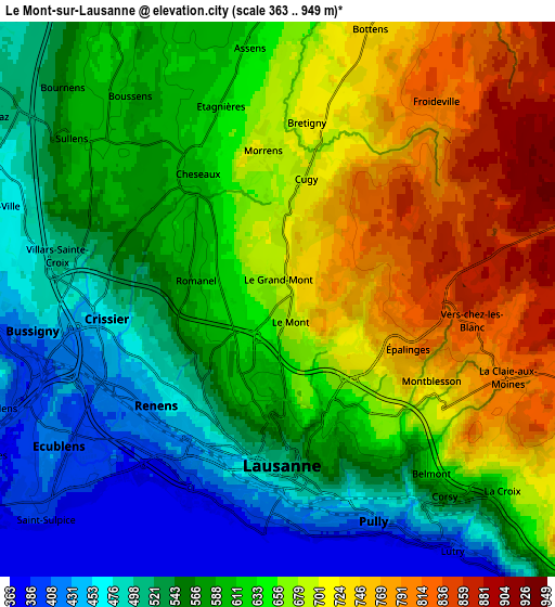 Zoom OUT 2x Le Mont-sur-Lausanne, Switzerland elevation map