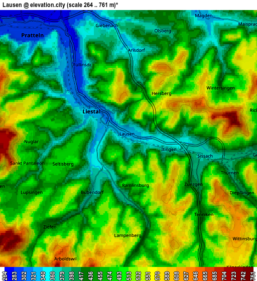 Zoom OUT 2x Lausen, Switzerland elevation map