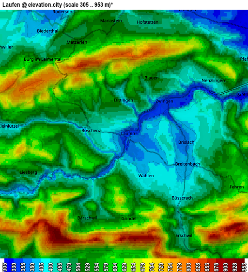 Zoom OUT 2x Laufen, Switzerland elevation map