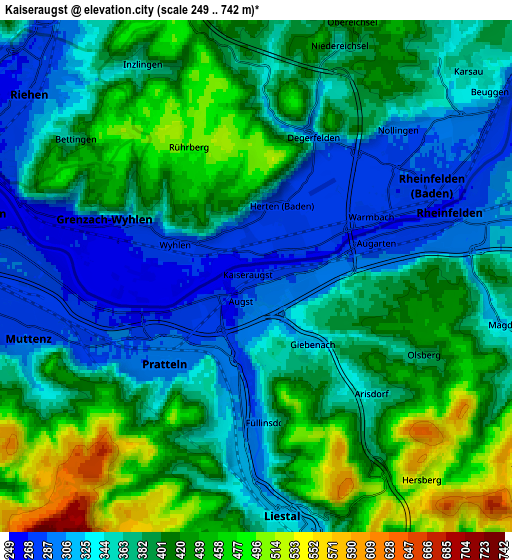 Zoom OUT 2x Kaiseraugst, Switzerland elevation map