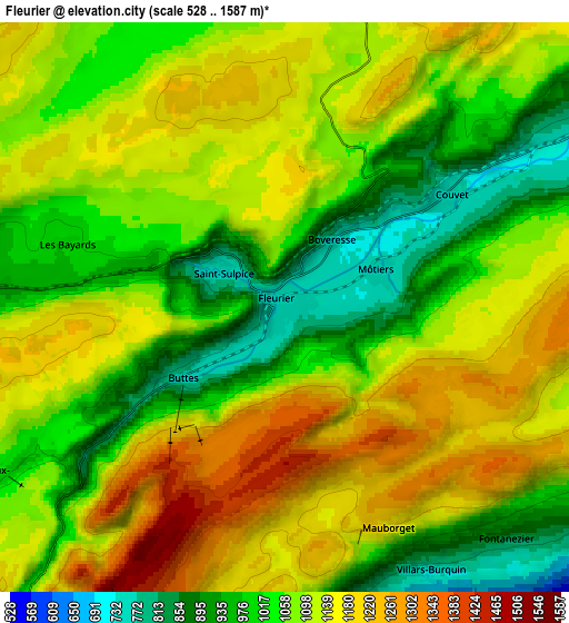 Zoom OUT 2x Fleurier, Switzerland elevation map