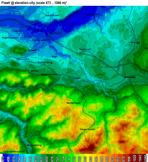 Zoom OUT 2x Flawil, Switzerland elevation map