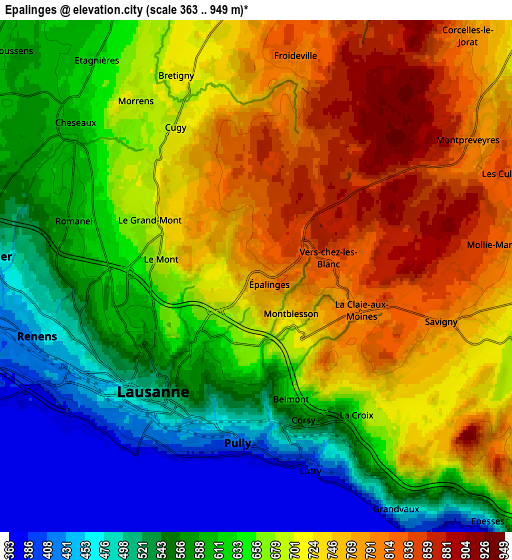 Zoom OUT 2x Epalinges, Switzerland elevation map