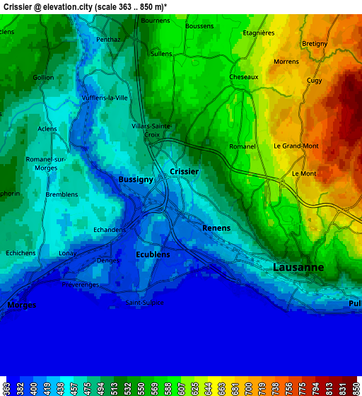 Zoom OUT 2x Crissier, Switzerland elevation map