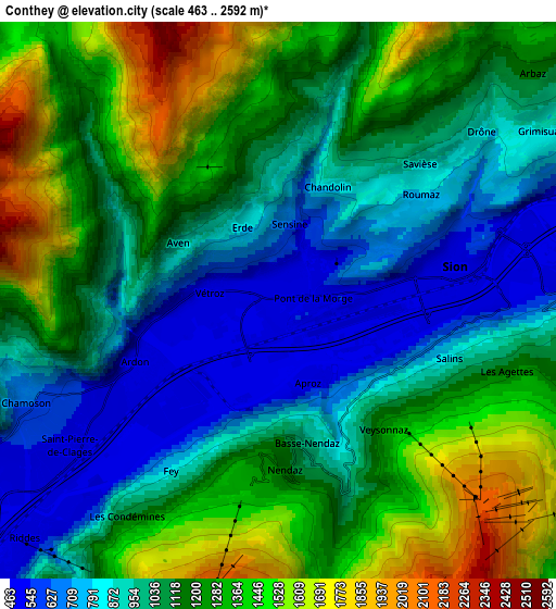 Zoom OUT 2x Conthey, Switzerland elevation map