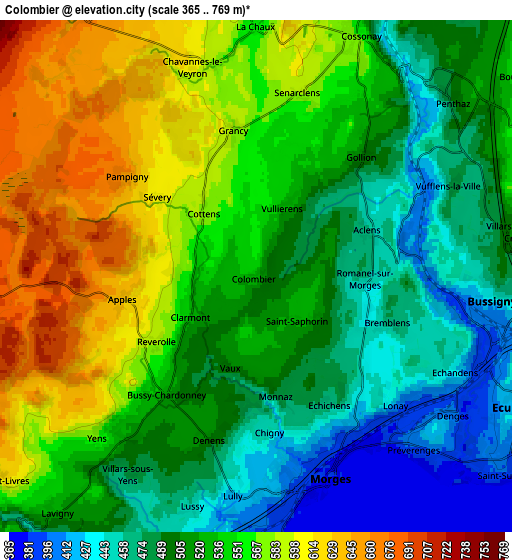 Zoom OUT 2x Colombier, Switzerland elevation map