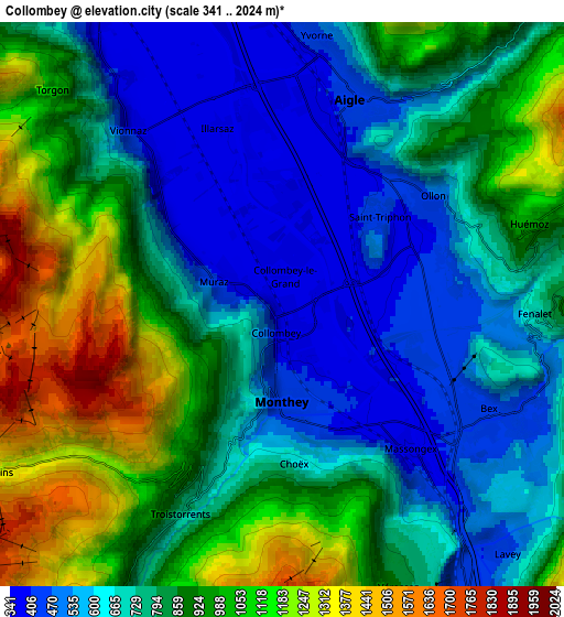 Zoom OUT 2x Collombey, Switzerland elevation map