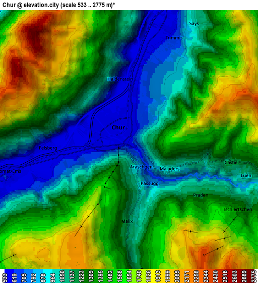 Zoom OUT 2x Chur, Switzerland elevation map