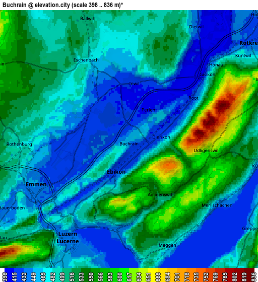 Zoom OUT 2x Buchrain, Switzerland elevation map
