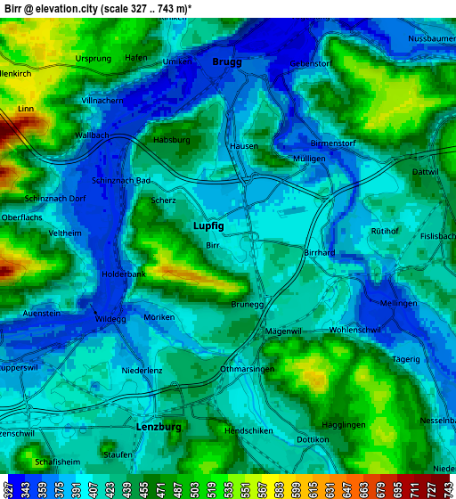 Zoom OUT 2x Birr, Switzerland elevation map