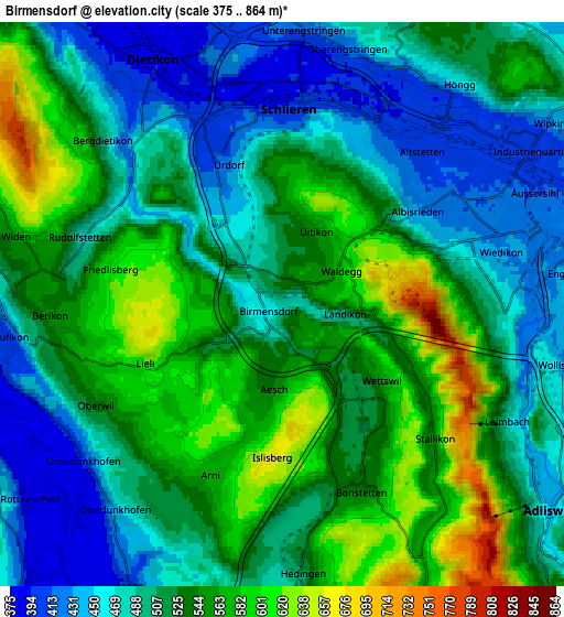 Zoom OUT 2x Birmensdorf, Switzerland elevation map