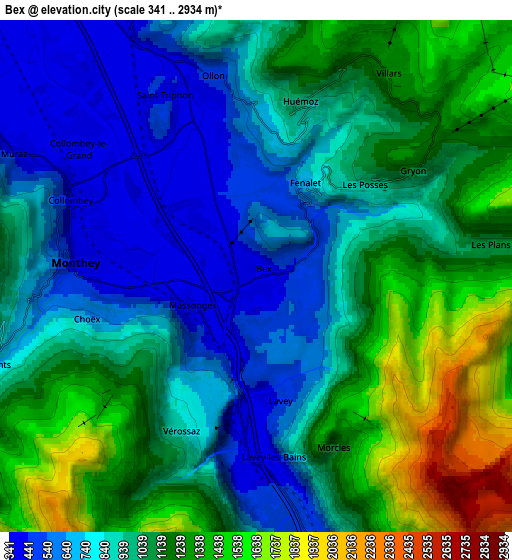 Zoom OUT 2x Bex, Switzerland elevation map