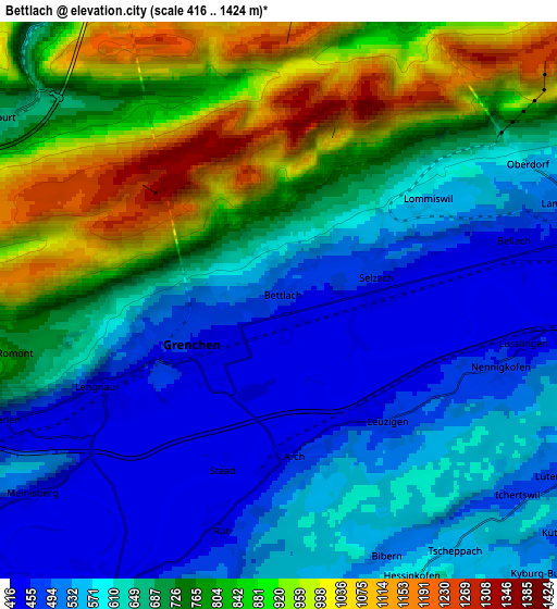 Zoom OUT 2x Bettlach, Switzerland elevation map