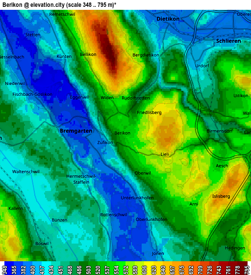 Zoom OUT 2x Berikon, Switzerland elevation map